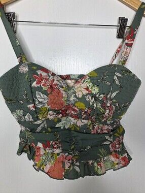 BOG Collective Green Floral Smocked Sweetheart Crop Top